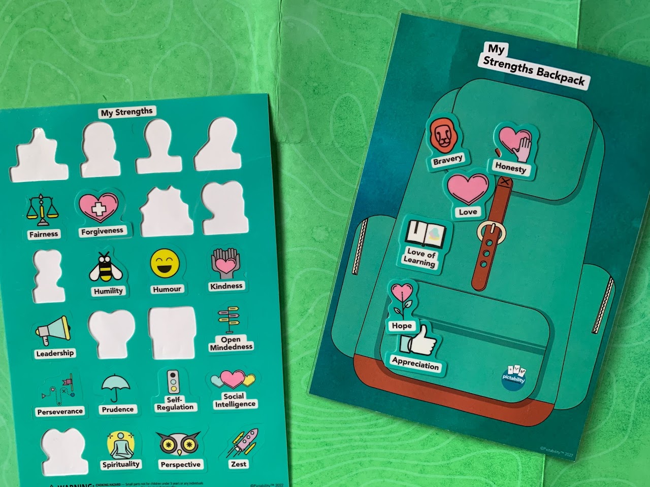 Youth Pictability personal strengths sticker sheet and My Strengths Backpack activity card