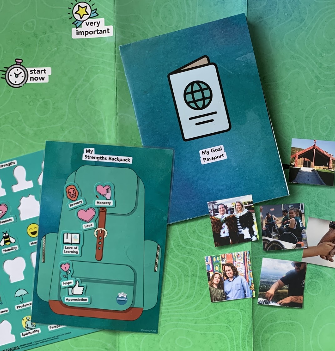 Full Youth Pictability kit laid out — My Goal Passport, My Strengths Backpack card, sticker sheet, and community activity photos